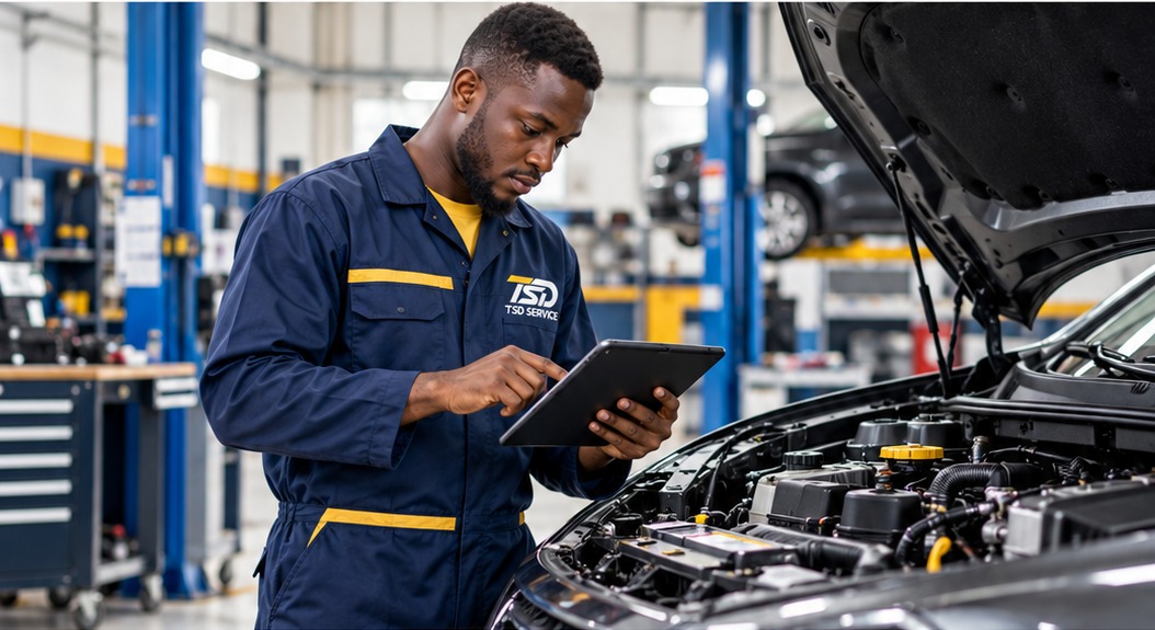 Illustration d’un technicien utilisant une tablette de diagnostic dans un atelier automobile
